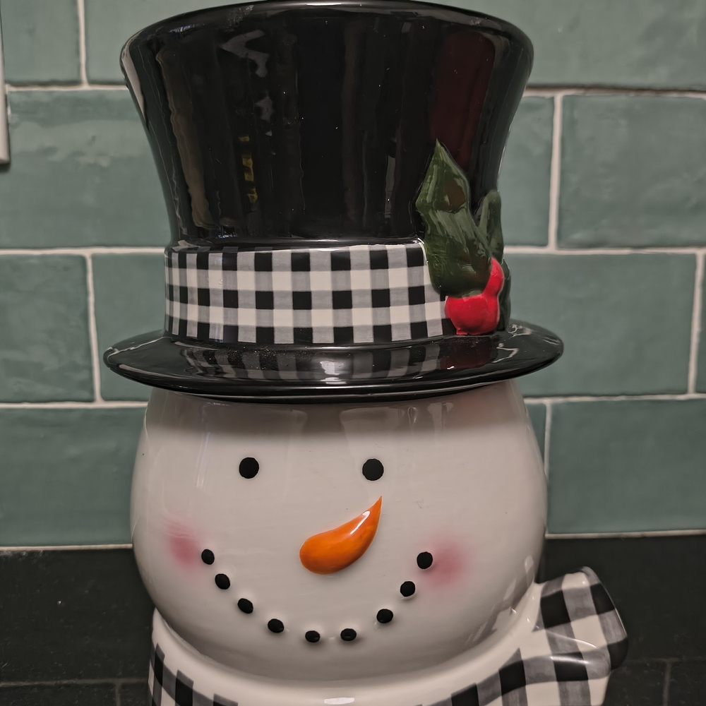 Festive Black & White Snowman Cookie Jar - Holiday Home Decor